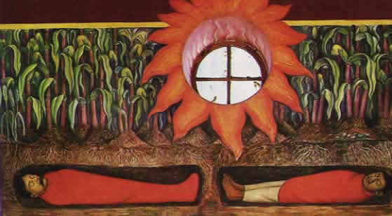 Diegro Rivera paintng showing two maryrs lying under cornfield